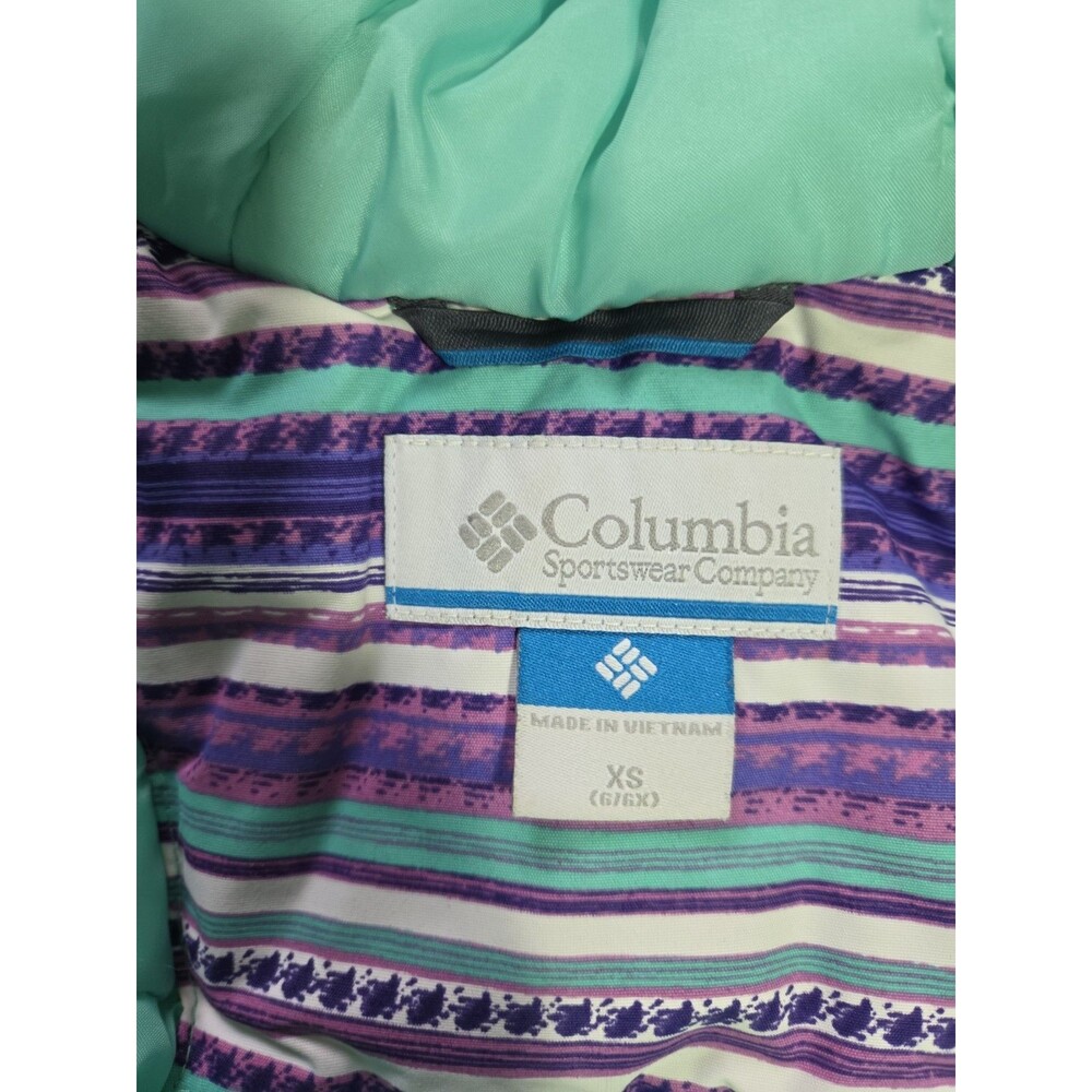 Columbia Girls Hooded Puffer Jacket Purple Teal Stripe Insulated Winter Coat XS - Picture 8 of 12